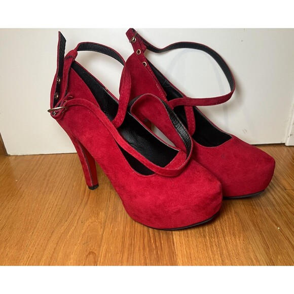Dimanxi Platform Mary Jane Heels Womens Size 8 Red Faux Suede Ankle Strap Pumps - Picture 1 of 13